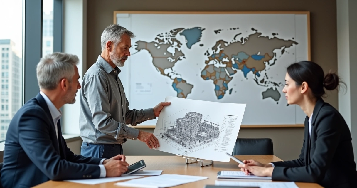 Arquiteto apresenta projeto para técnico da prefeitura em sala com plantas 