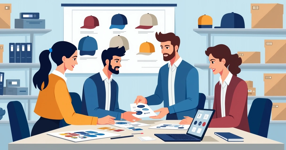 Equipe revisando arte de bonés personalizados para pedido corporativo
