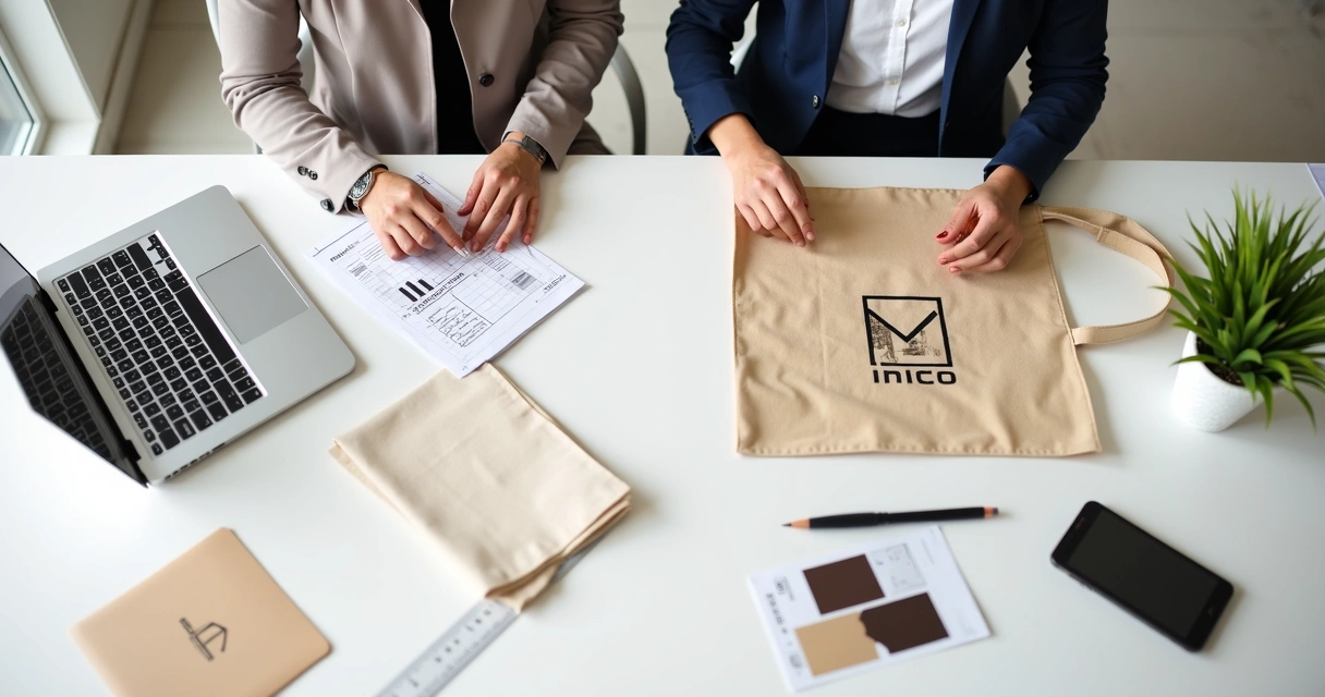 Equipe avaliando layout de ecobag personalizada em tela e amostra impressa 
