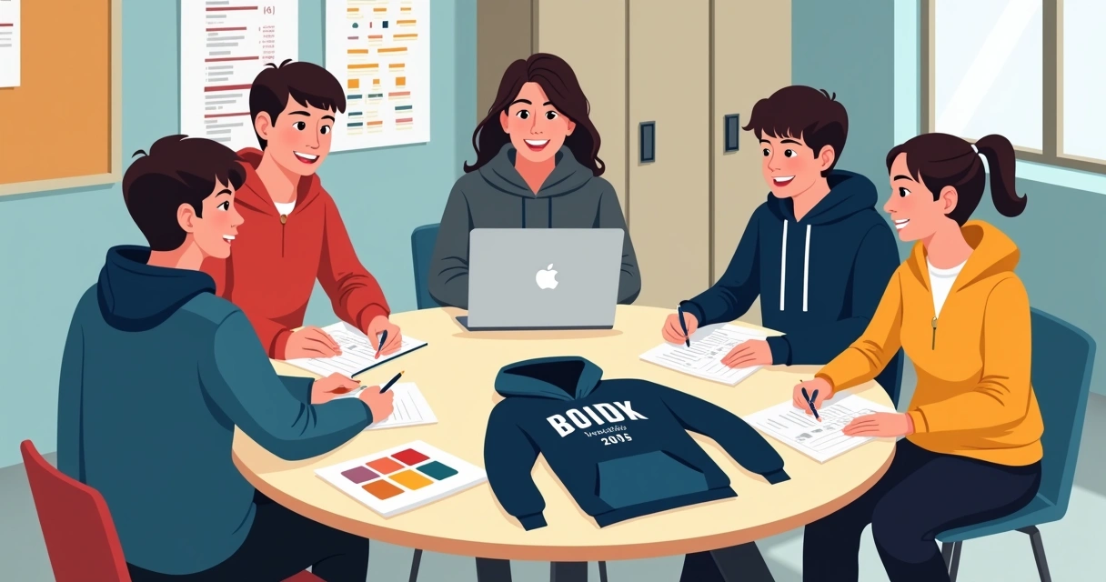 Grupo analisando layout de moletom personalizado em reunião escolar 