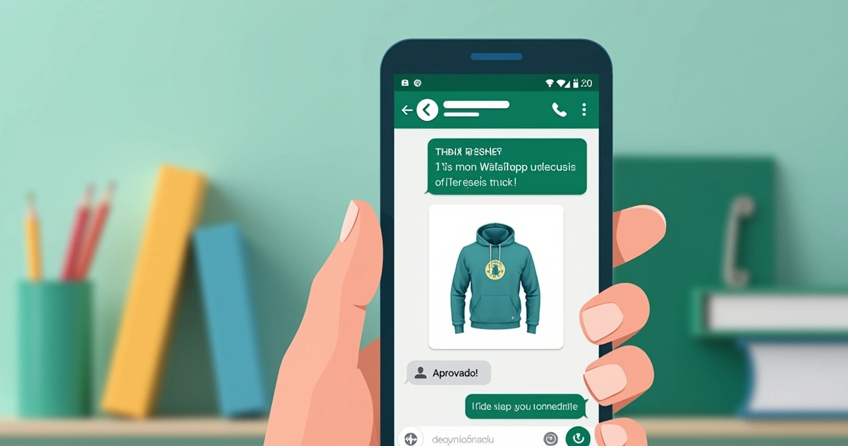 Celular mostrando a aprovação de arte para moletom pelo WhatsApp 