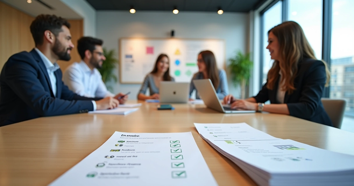 Equipe de RH analisando documentos de candidatos em ambiente moderno 