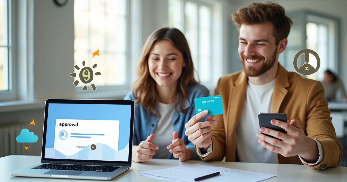 Pessoa segurando um cartão de crédito aprovado exibe sorriso e celular 
