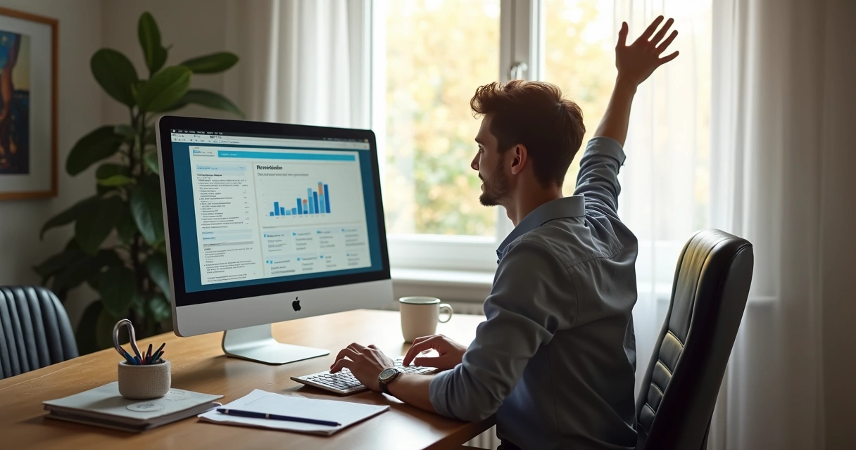 Aluno comemorando aprovação em certificação financeira no computador 