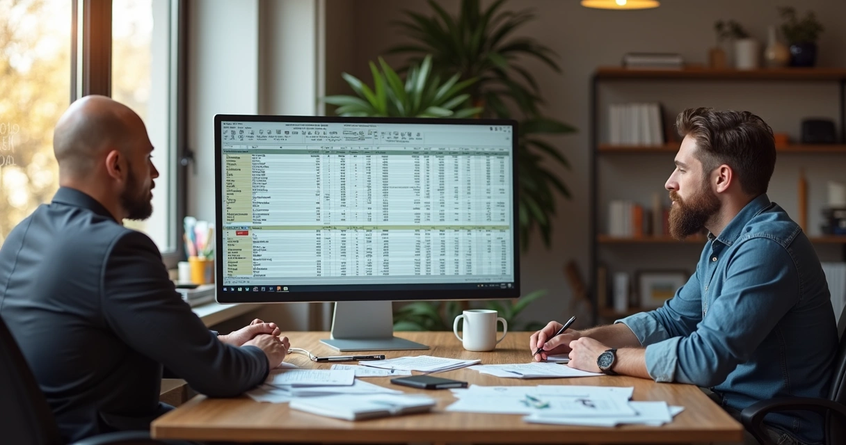 Gestor e dono revisando pedidos de compra em planilha digital 