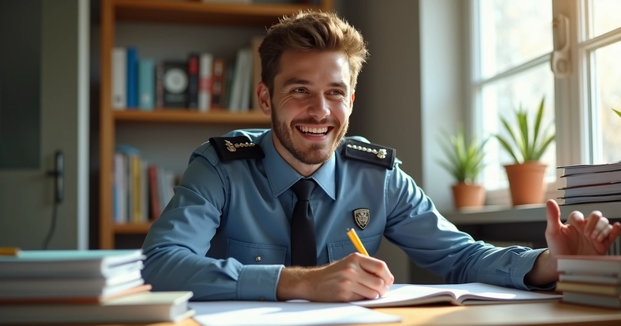 Jovem comemorando aprovação ao lado de livros e computador, cena iluminada, sorriso de felicidade 