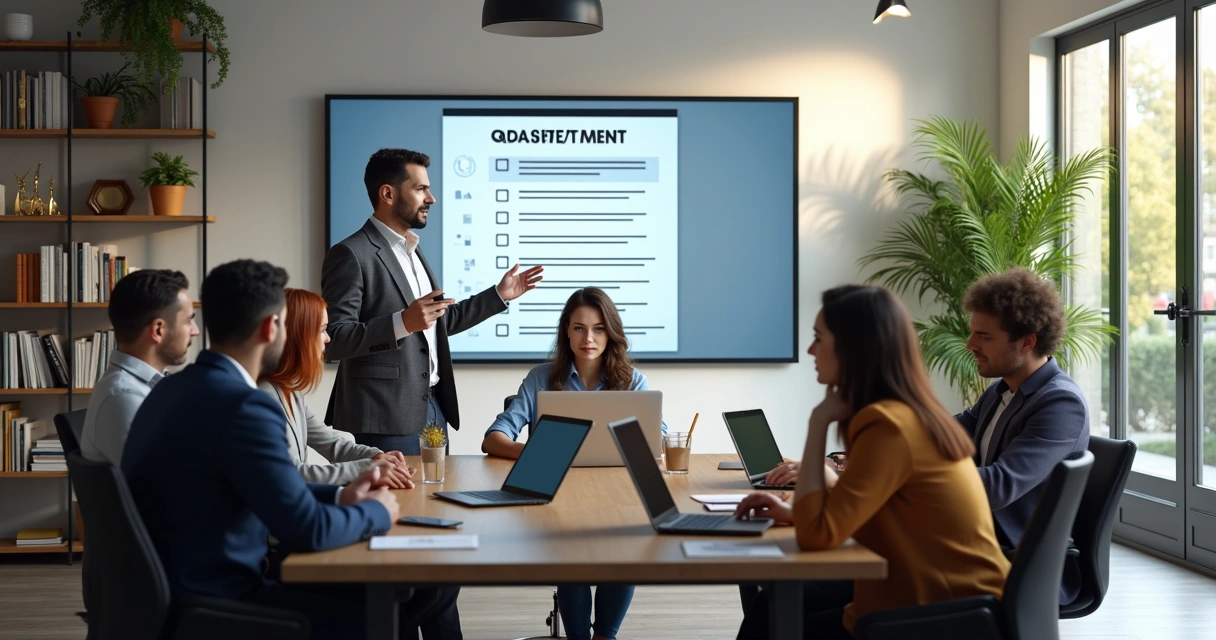 Reunião de equipe em agência de marketing revisando checklist de aprovação de conteúdo em tela grande