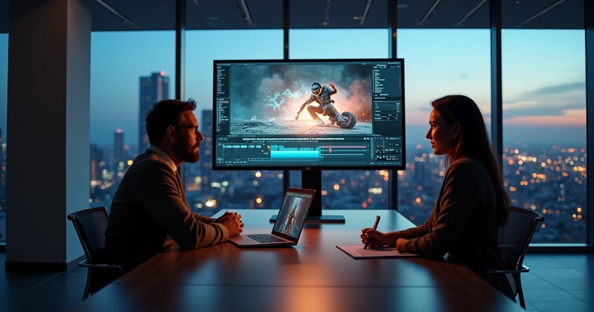Cliente analisando vídeo em tela grande, equipe observando 