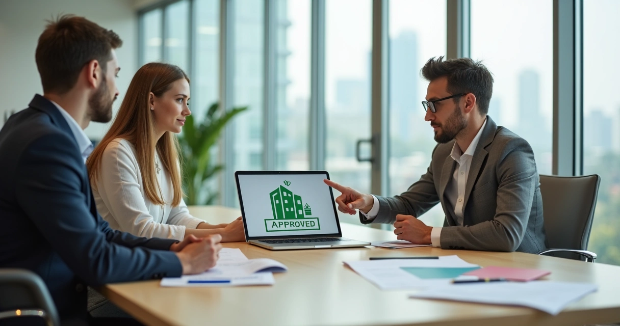 Casal em reunião tranquila com gerente de banco aprovando crédito imobiliário 