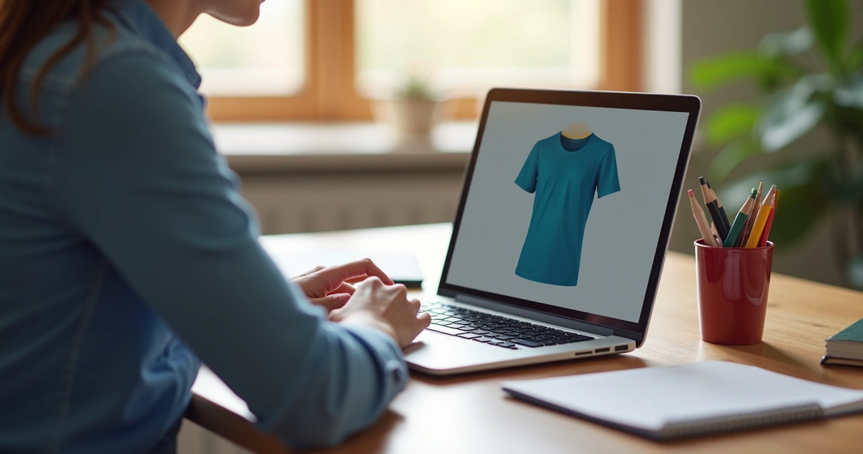 Cliente analisando mockup digital de camiseta personalizada em notebook 