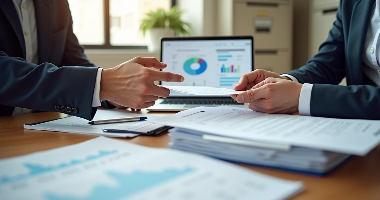 Mesa com papéis financeiros organizados sendo analisados por duas pessoas. 