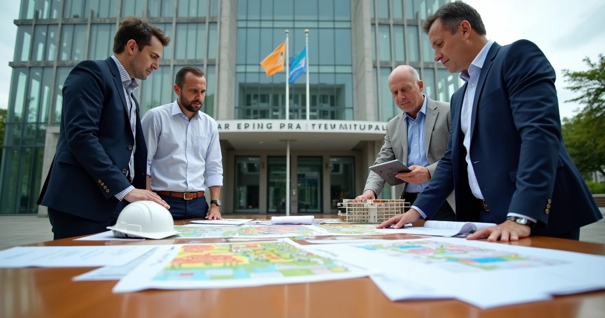 Equipe analisa projeto imobiliário diante de fachada de prefeitura 