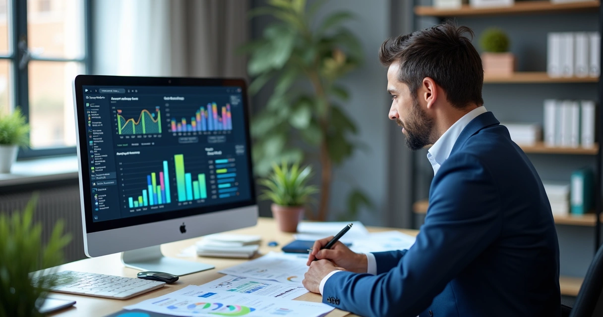 Gestor revisando documentos financeiros em escritório moderno com computador e gráficos na tela 