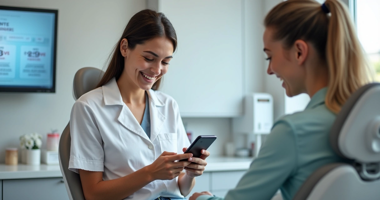 Paciente analisando opções de financiamento odontológico no celular, sorrindo em clínica moderna 