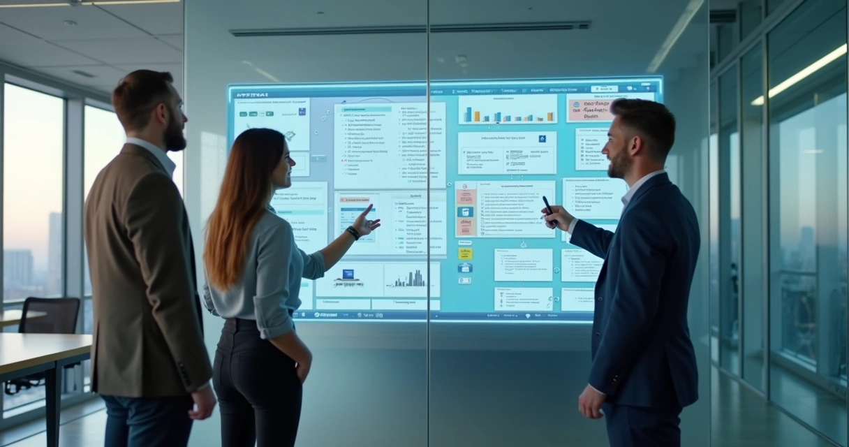 Equipe intermediando aprovações financeiras em painéis digitais num escritório moderno 