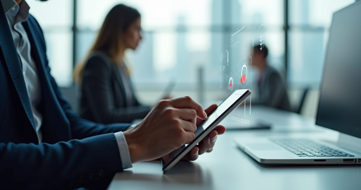 Gestor aprovando tarefas em tablet, ambiente empresarial moderno. 