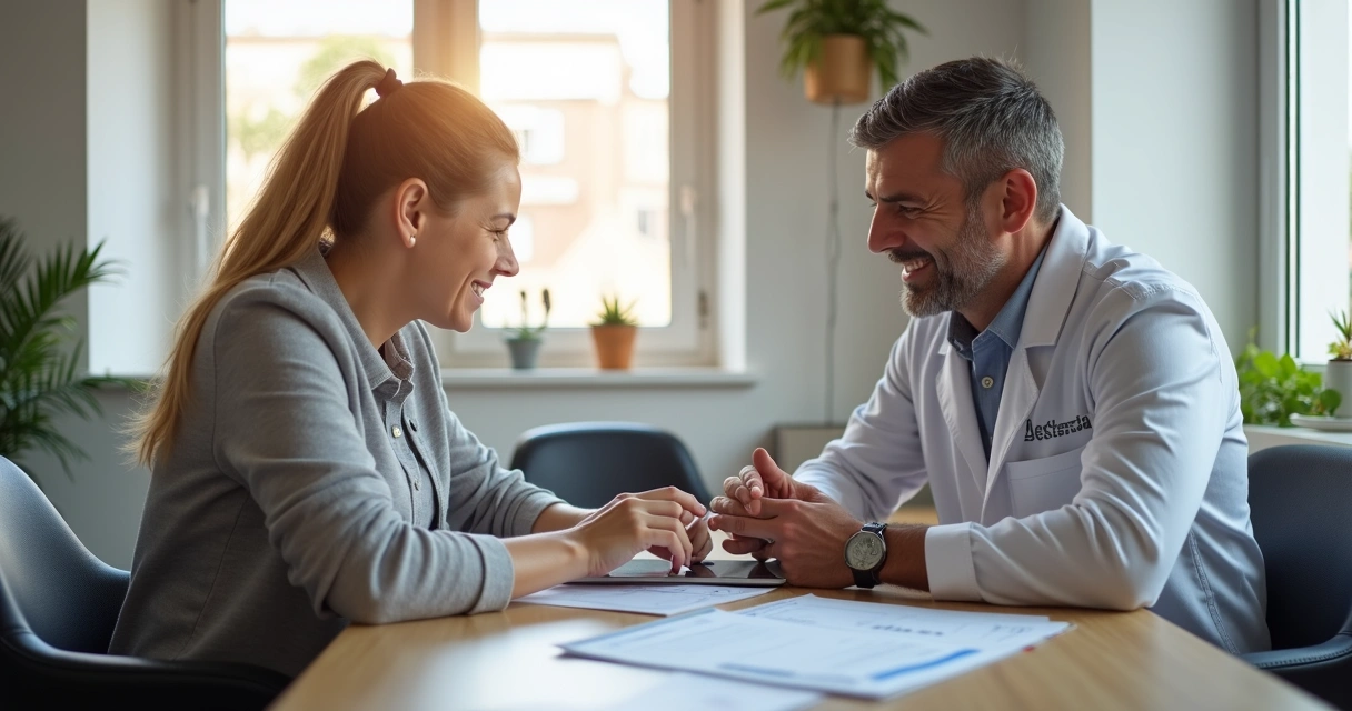 Paciente analisando planos com dentista em consultório moderno em Cajamar 