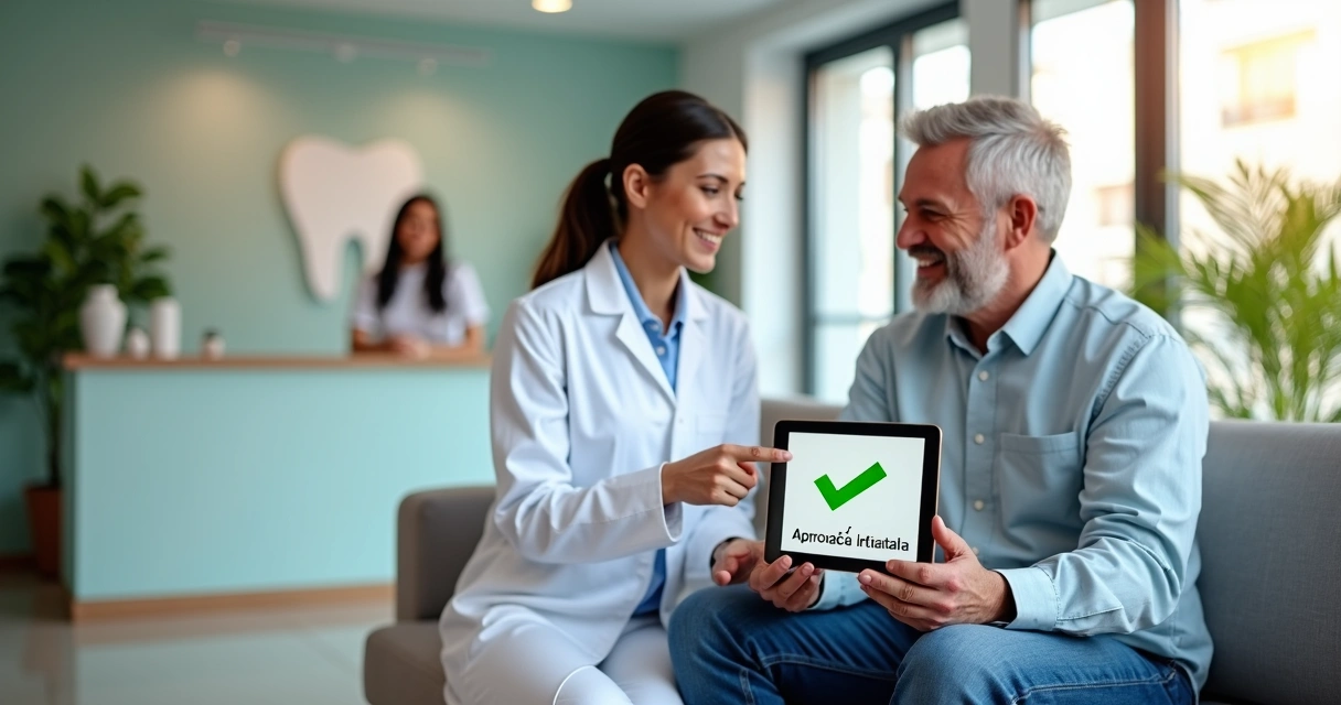 Dentista mostrando aprovação imediata em tablet para paciente em clínica moderna 