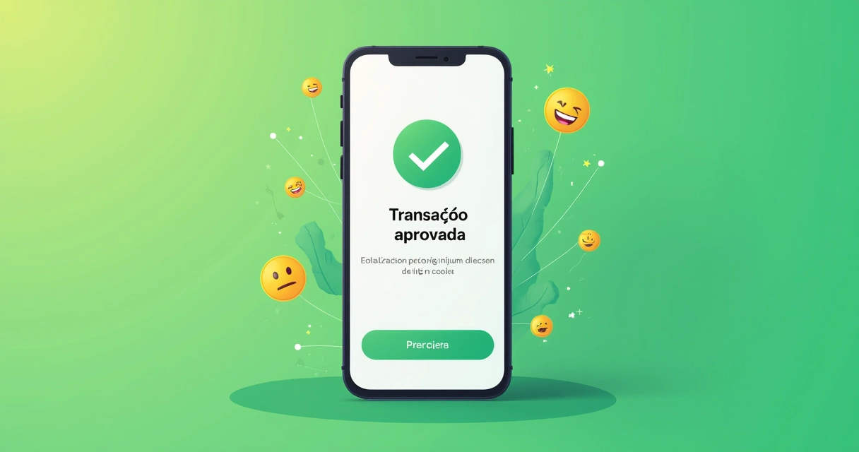 Celular mostrando transação aprovada com emojis de velocidade e escudo de segurança 