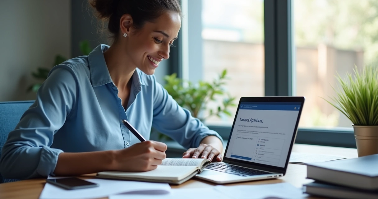 Profissional estudando e celebrando aprovação em certificação financeira 