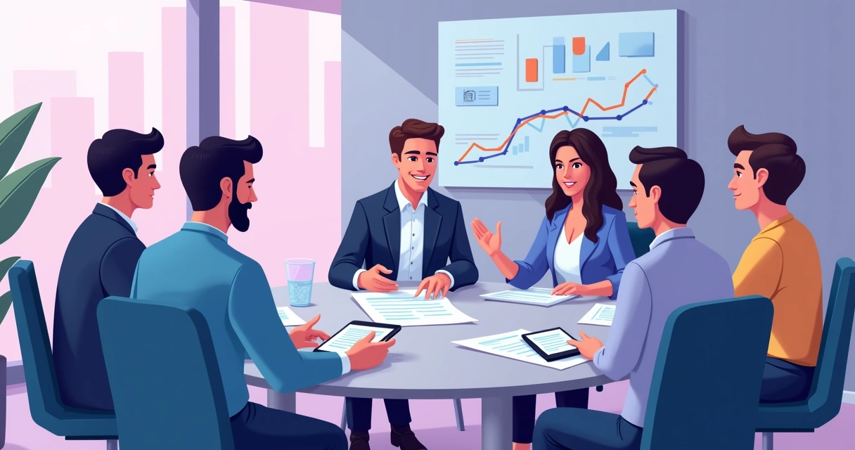 Equipe reunida em uma mesa de reunião analisando propostas de parceria com gráficos ao fundo 