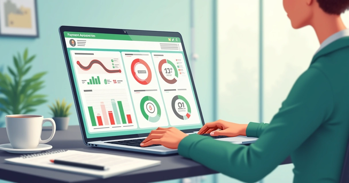 Pessoa analisando aprovação de pagamentos em um notebook com gráficos ilustrativos 