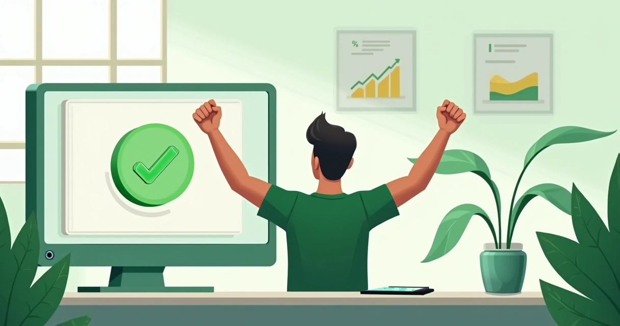 Pessoa comemorando aprovação de pagamento no computador 