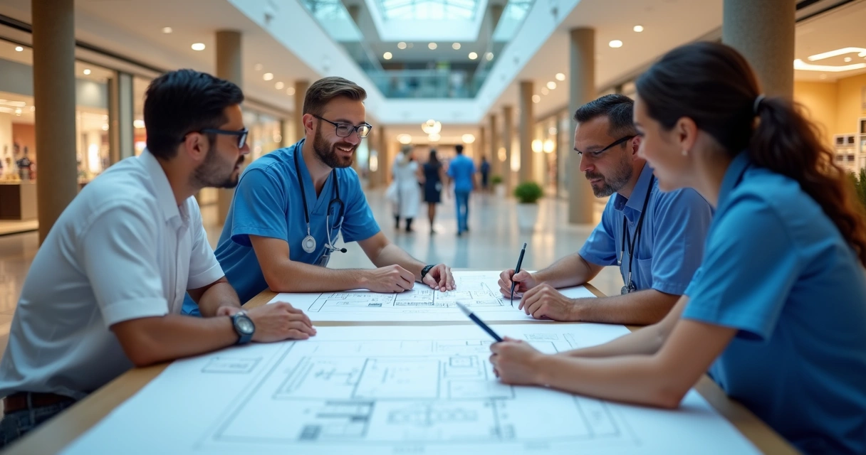 Equipe analisando projeto de clínica em mesa dentro de shopping 
