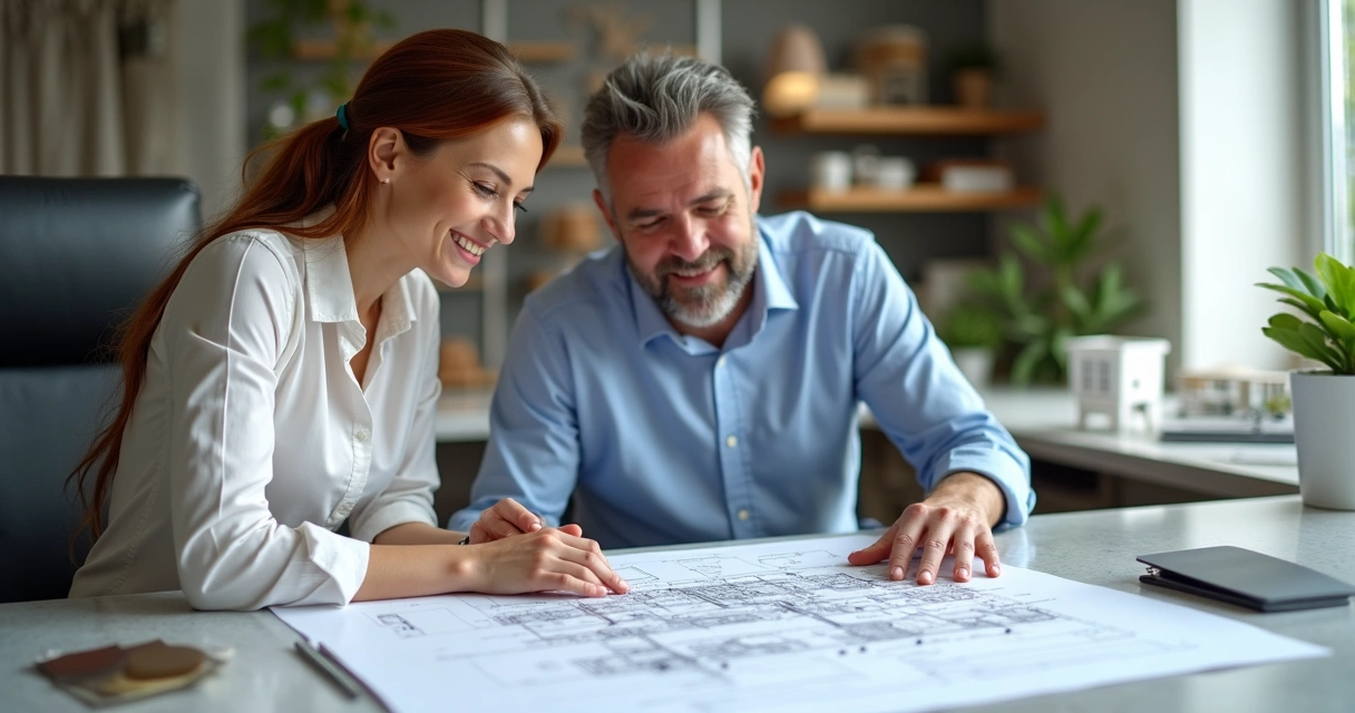 Arquiteto e proprietário discutindo projeto aprovado para imóvel 