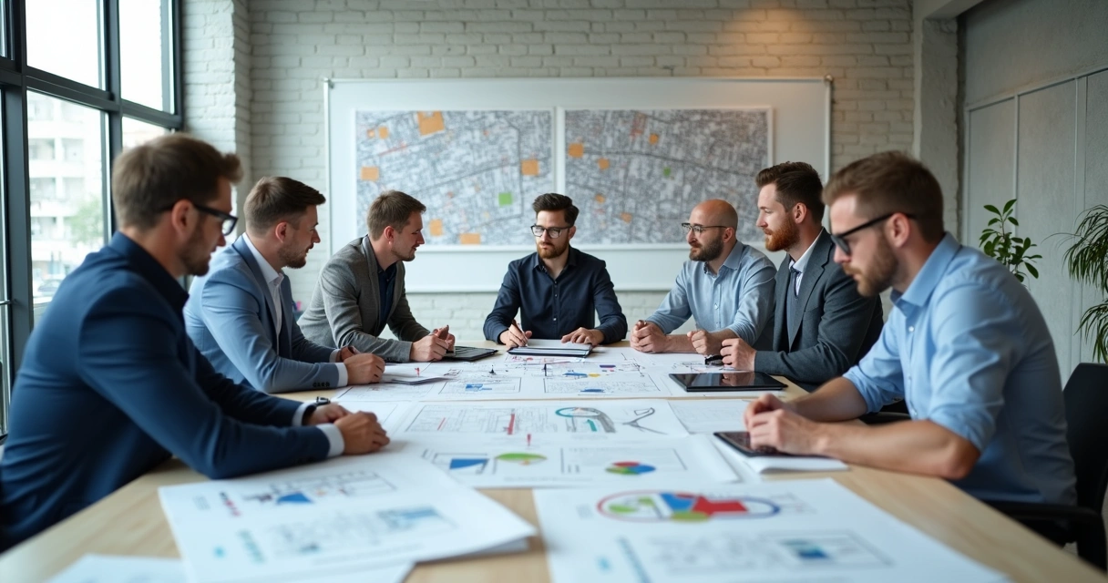 Arquitetos analisando conjunto de plantas com carimbo digitalizado