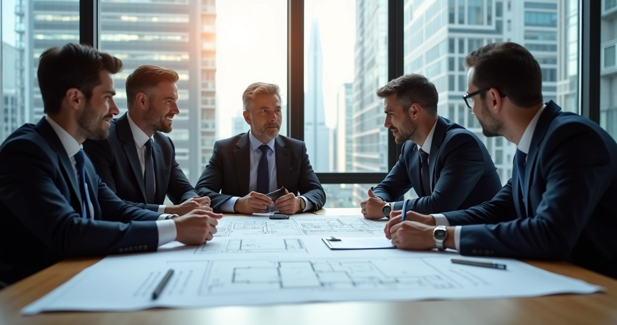 Reunião de profissionais analisando projeto de construção civil 