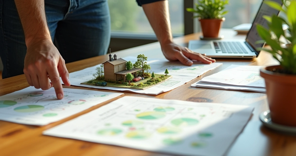 Documentos e maquete de projeto de reciclagem de resíduos orgânicos sobre mesa com mãos humanas analisando 