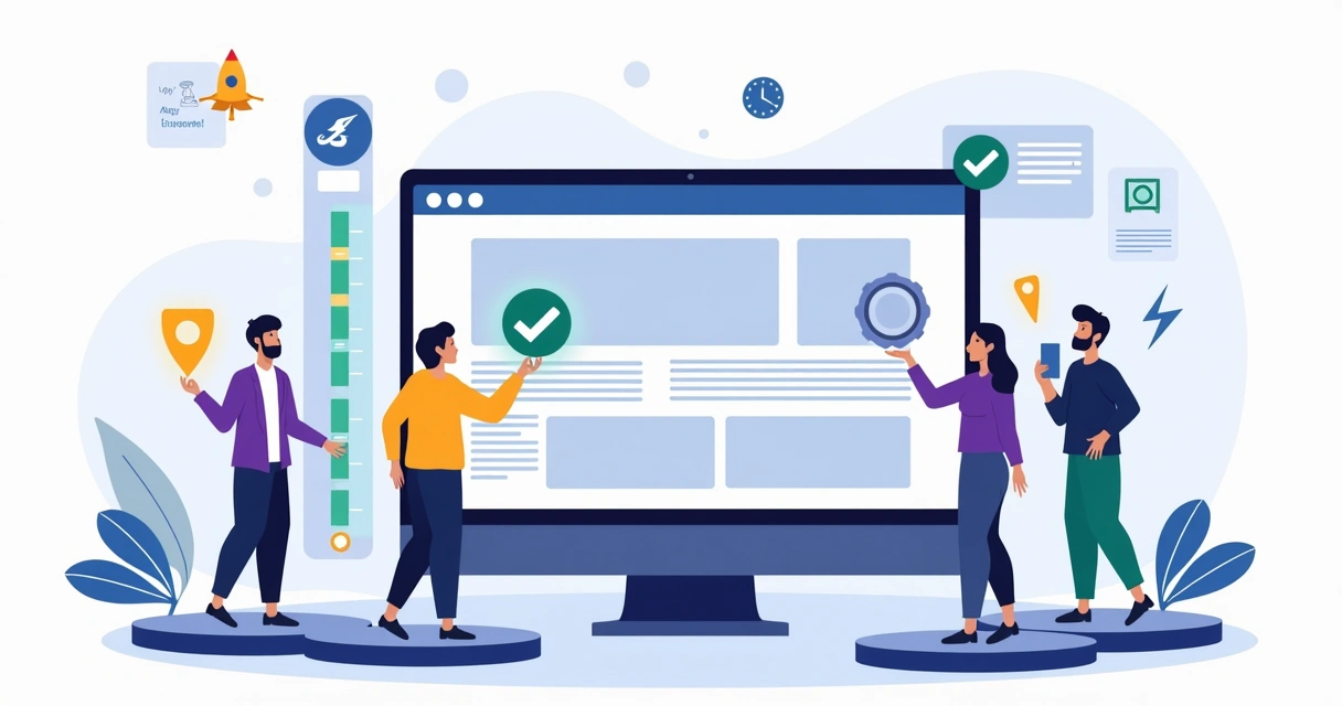 Ilustração de site sendo aprovado rapidamente com botões de aprovação e painel digital 