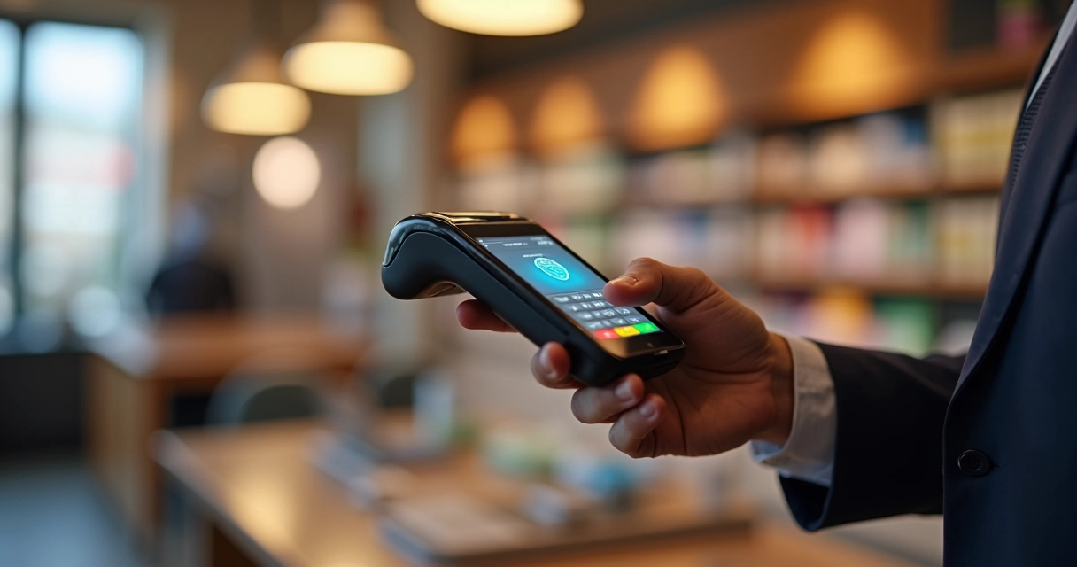 Close de uma mão segurando uma maquininha de cartão ativa com tela iluminada em ambiente de loja 