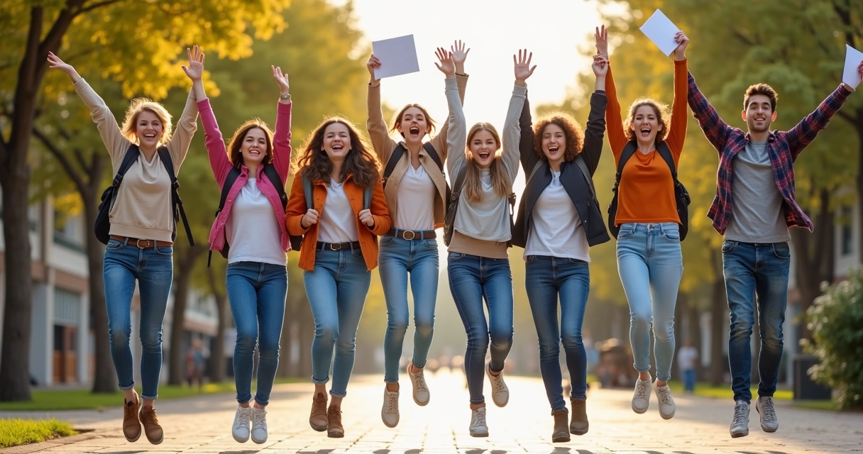 Grupo de jovens comemorando aprovação no vestibular
