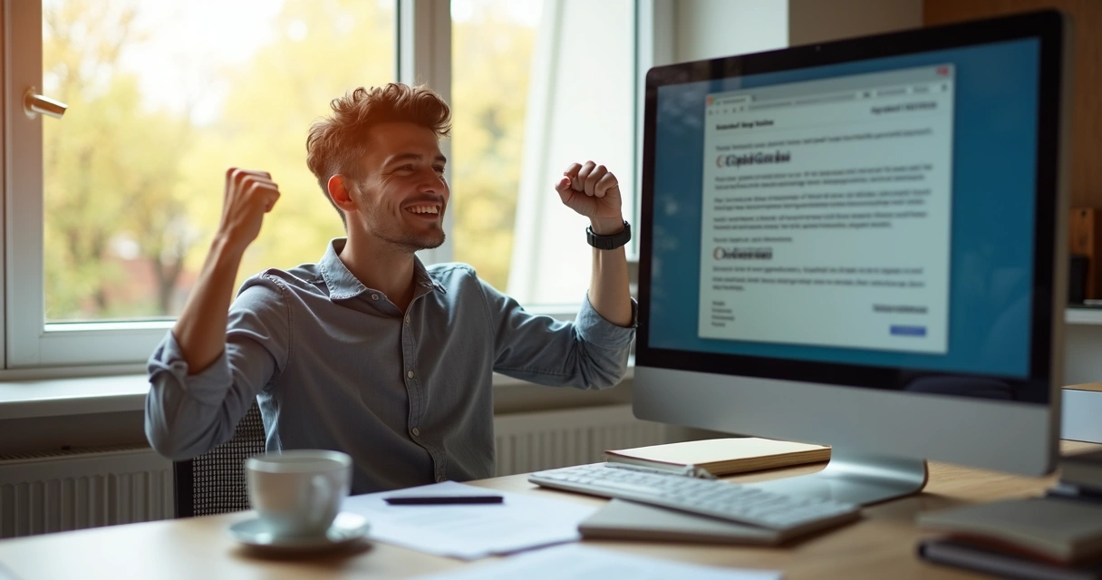 Candidato a concurso de TI comemorando aprovação com computador ao fundo 