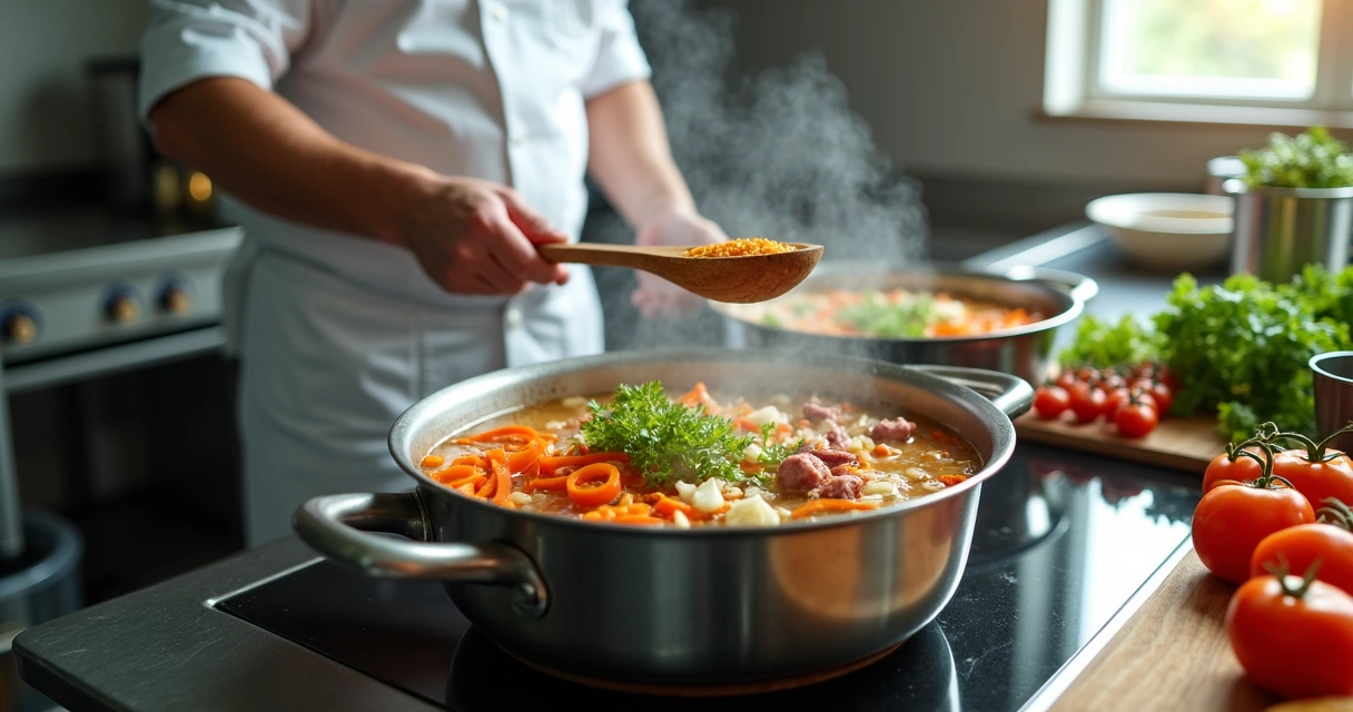 Cozinheiro preparando caldo com talos e legumes em uma cozinha profissional 