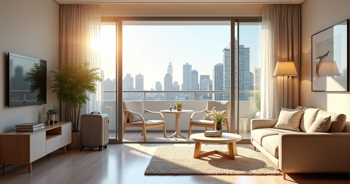Apartamento de temporada com varanda arejada e vista para a cidade. 