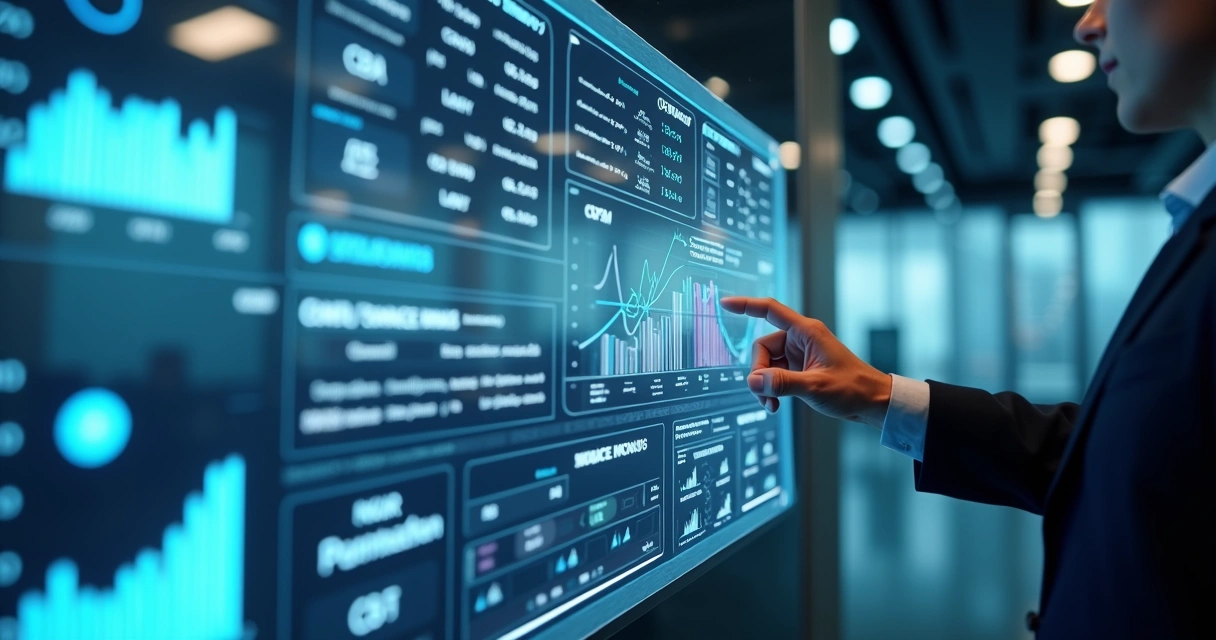 Painel digital moderno com gráficos financeiros e documentos fiscais integrados em tela transparente 