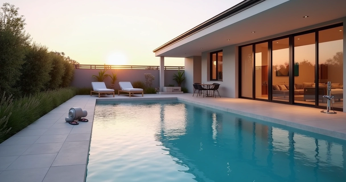 Clear backyard pool with soft steam at sunrise showing reduced heat loss 
