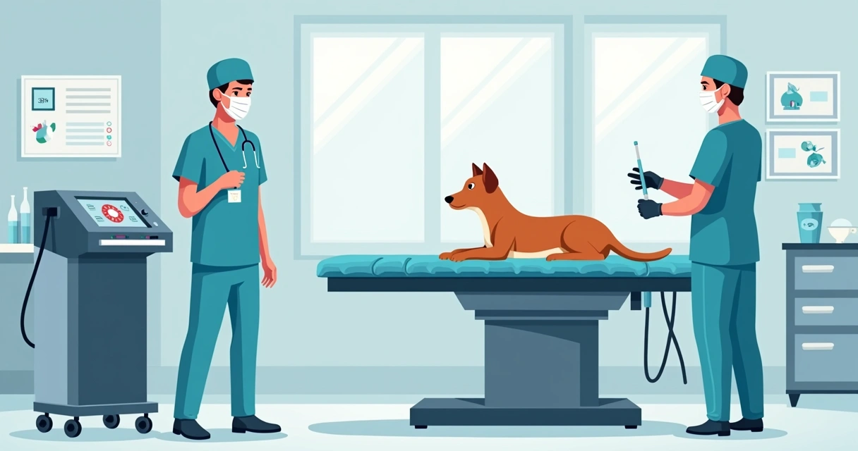 Aquecedor cirúrgico ao lado de mesa cirúrgica veterinária, equipe médica posicionado em volta 