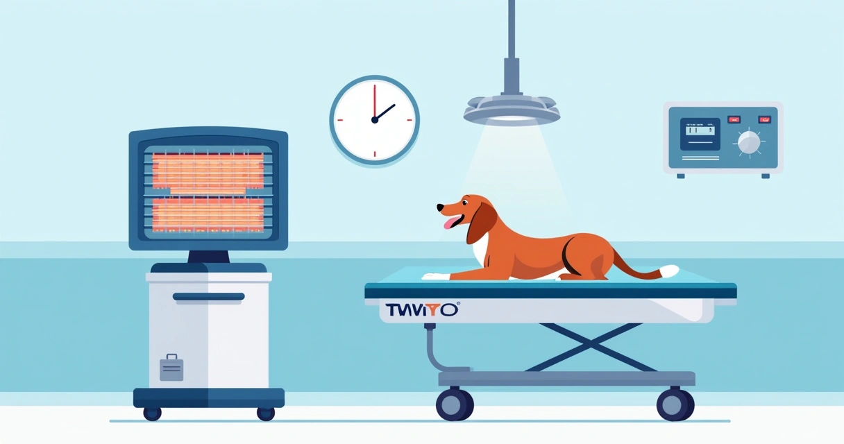 Ilustração corporativa mostrando um aquecedor cirúrgico com pedestal e colchão térmico para uso veterinário, com destaque para equipamentos ao lado de um paciente animal em ambiente clínico. Equipamen