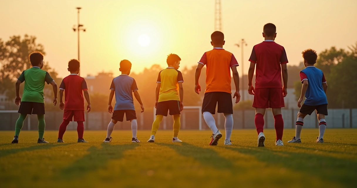 Jovens atletas de futebol fazendo aquecimento no campo antes do treino 