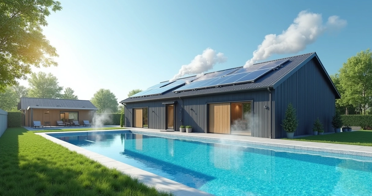 Piscina aquecida por energia solar, reservatório térmico ao lado de uma indústria