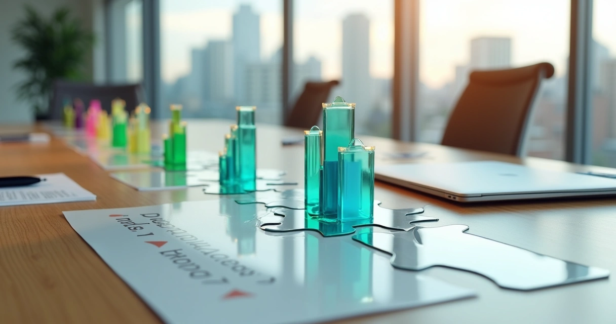 Mesa de estratégia com peças de quebra-cabeça de empresas e ícones de tecnologia 