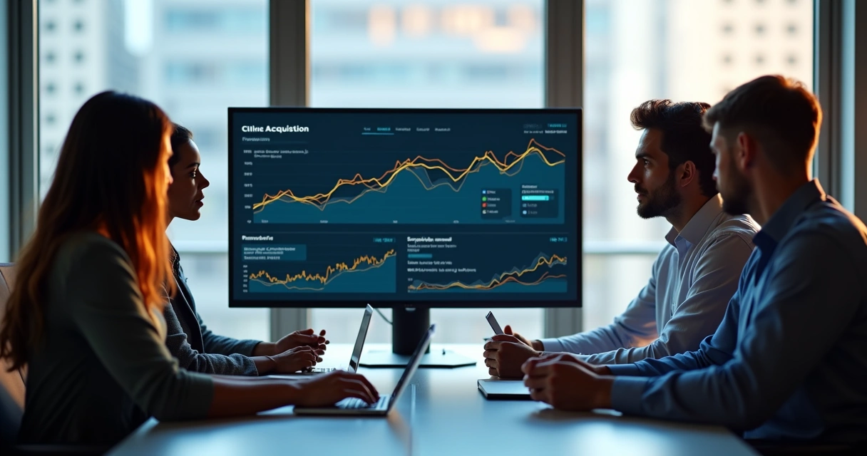 Equipe de marketing analisando gráficos e painéis digitais sobre aquisição de clientes online 