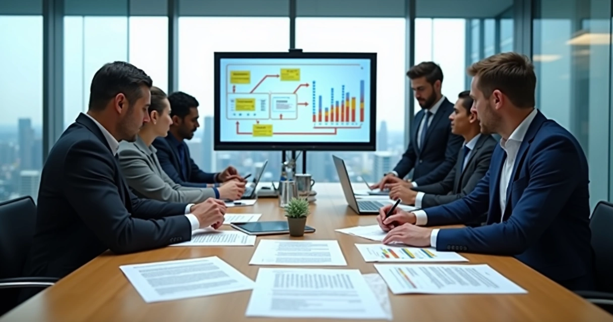 Executivos em reunião analisando documentos de aquisição empresarial 