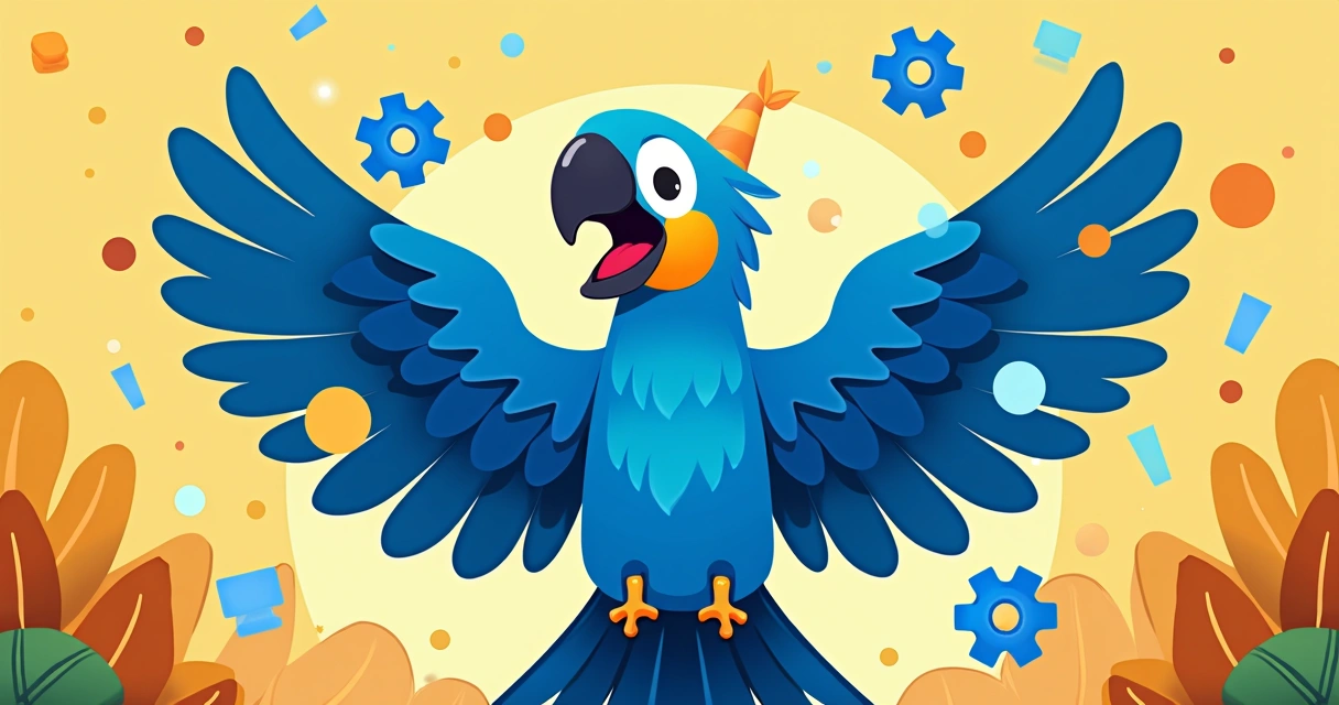 Arara azul celebrando tecnologia com braços levantados 