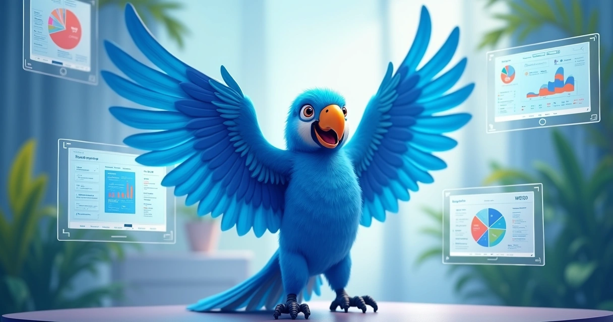 Mascote arara azul com design moderno, interagindo com telas de sistema 