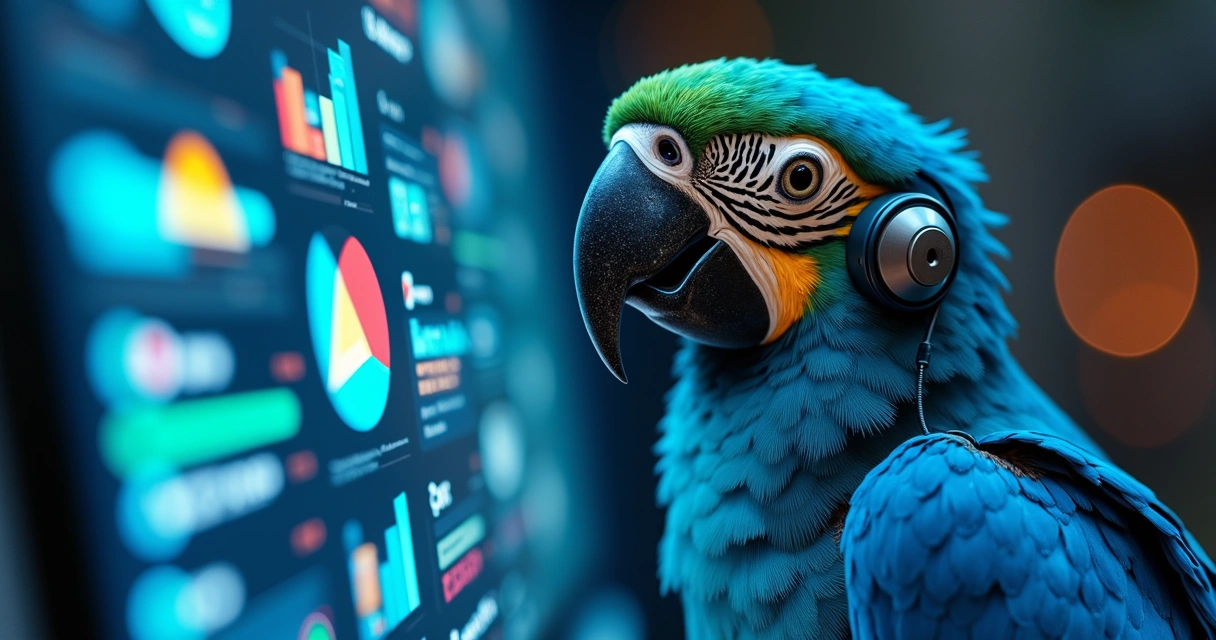 Arara azul com acessórios tecnológicos representando o mascote da Yowpi 